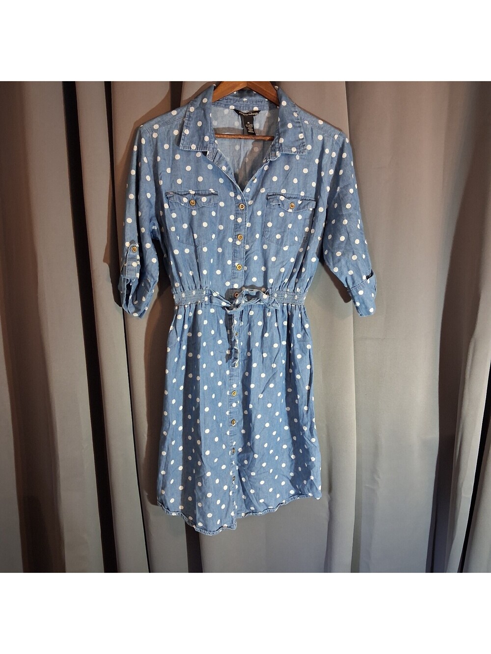 Millenium XL Blue Denim Polka Dot Shirt Dress with Waist Tie